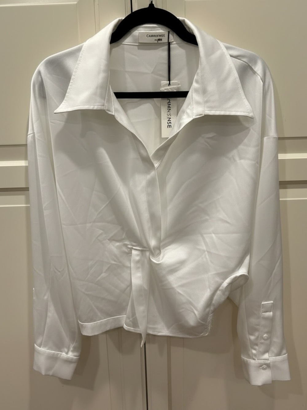 Commense Women's Draped Front Gathered Smocked-Hem Satiny Long Sleeve Top